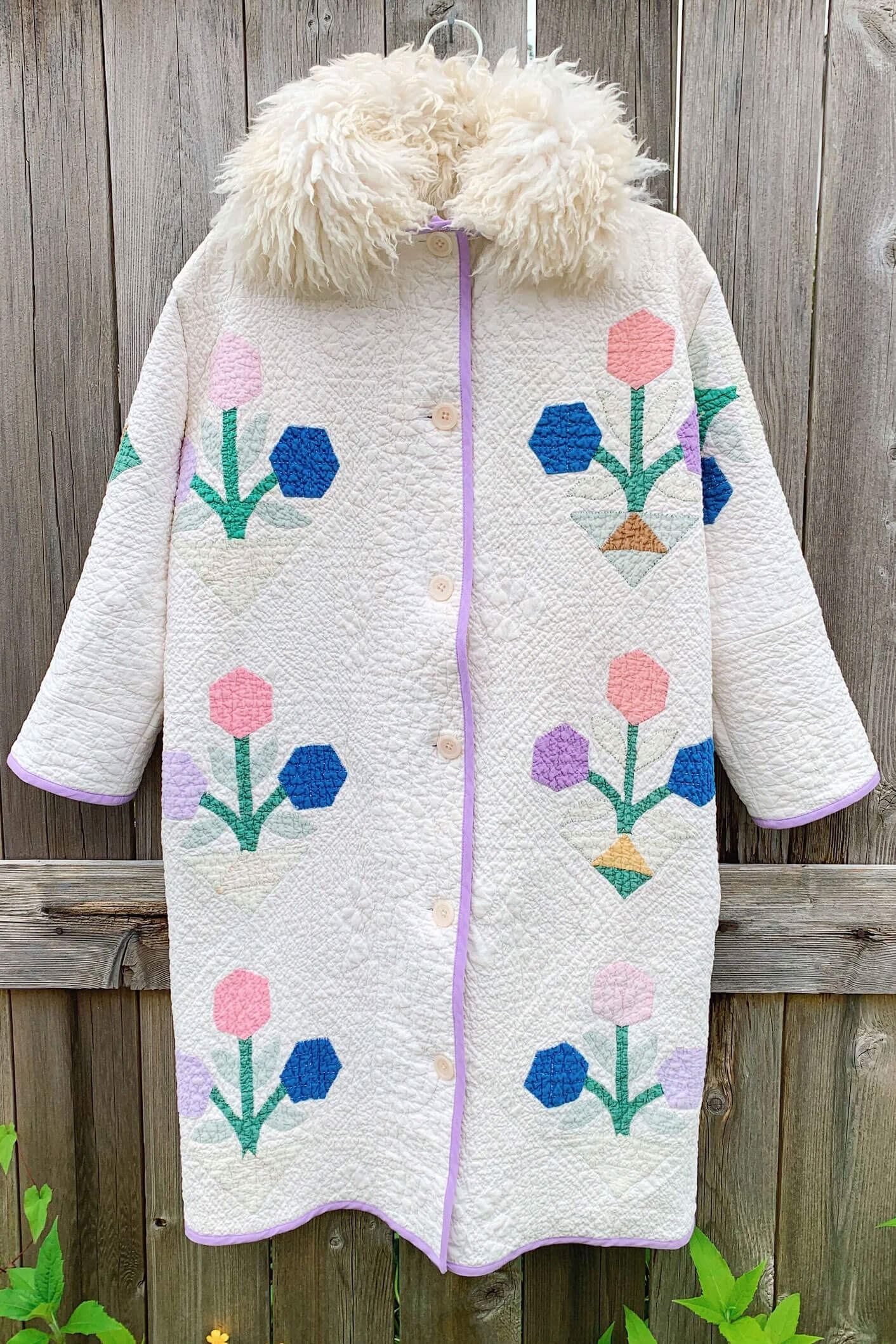 Long Sleeve Quilt Quilted Duster Chore Coat Button Detachable Fur Collar Shearling Upcycled — White Antique Flower Basket 1920s 1930s OOAK 