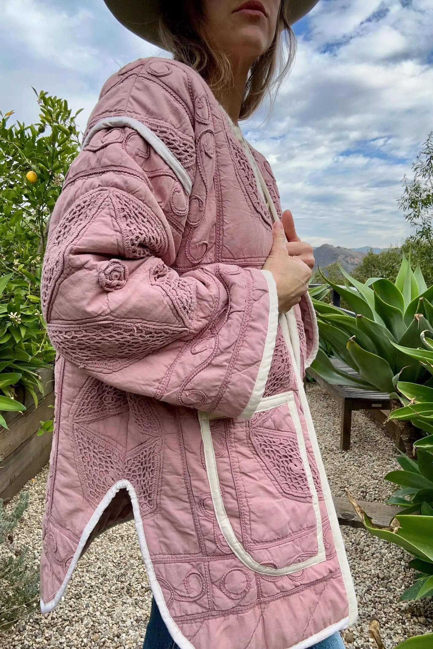 The Mauve Crochet Quilted Chore Coat Constructed from a Vintage Crochet quilted blanket