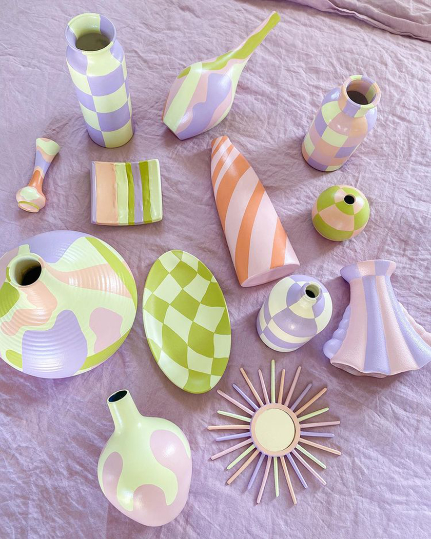 leffrontee vintage - colorful pastel checkboard and striped vases