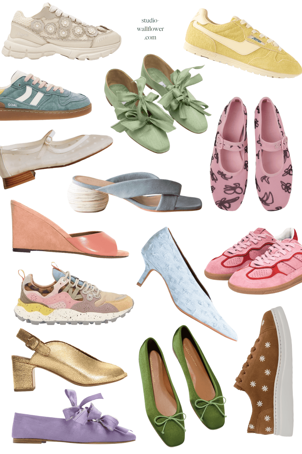 spring pastel shoes and sneakers, sandals for women - colorful collage of pastels!