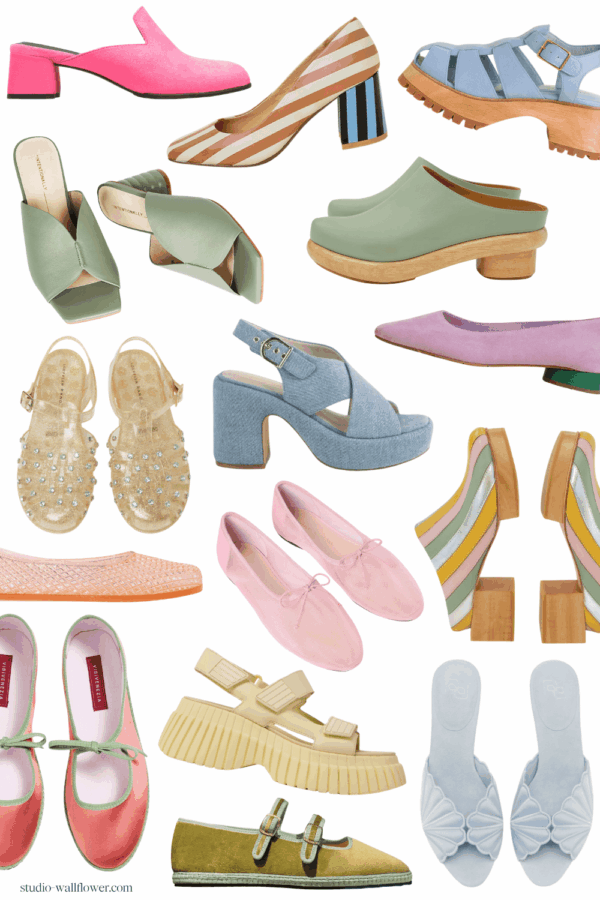 womens colorful pastel spring sandals and cute shoes collage