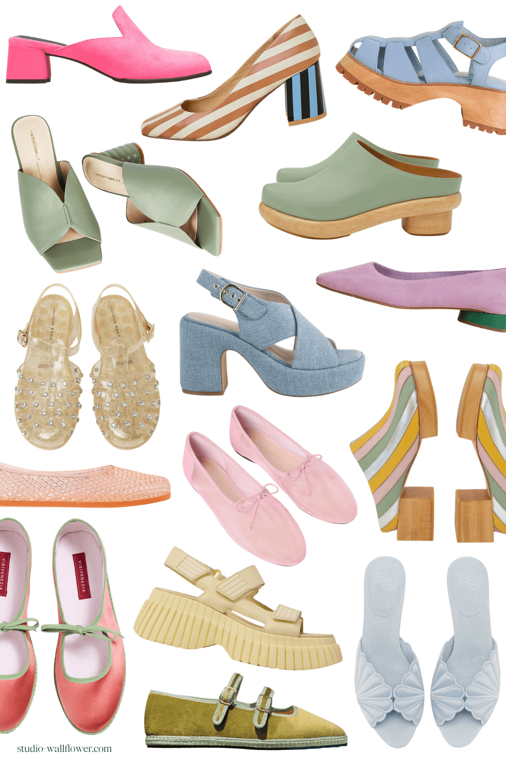 womens colorful pastel spring sandals and cute shoes collage