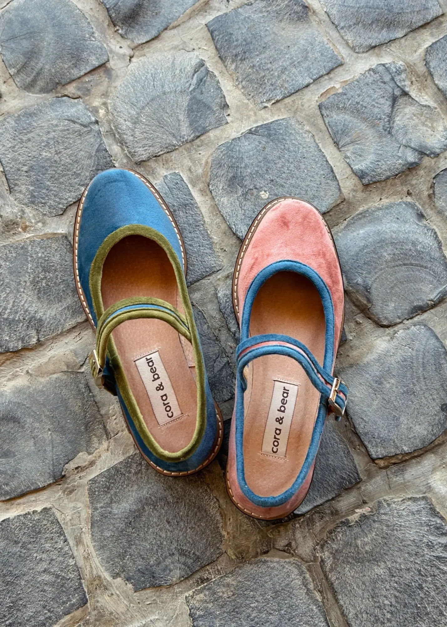 Cora & Bear mismatched colorblock spring flats pink, green, blue