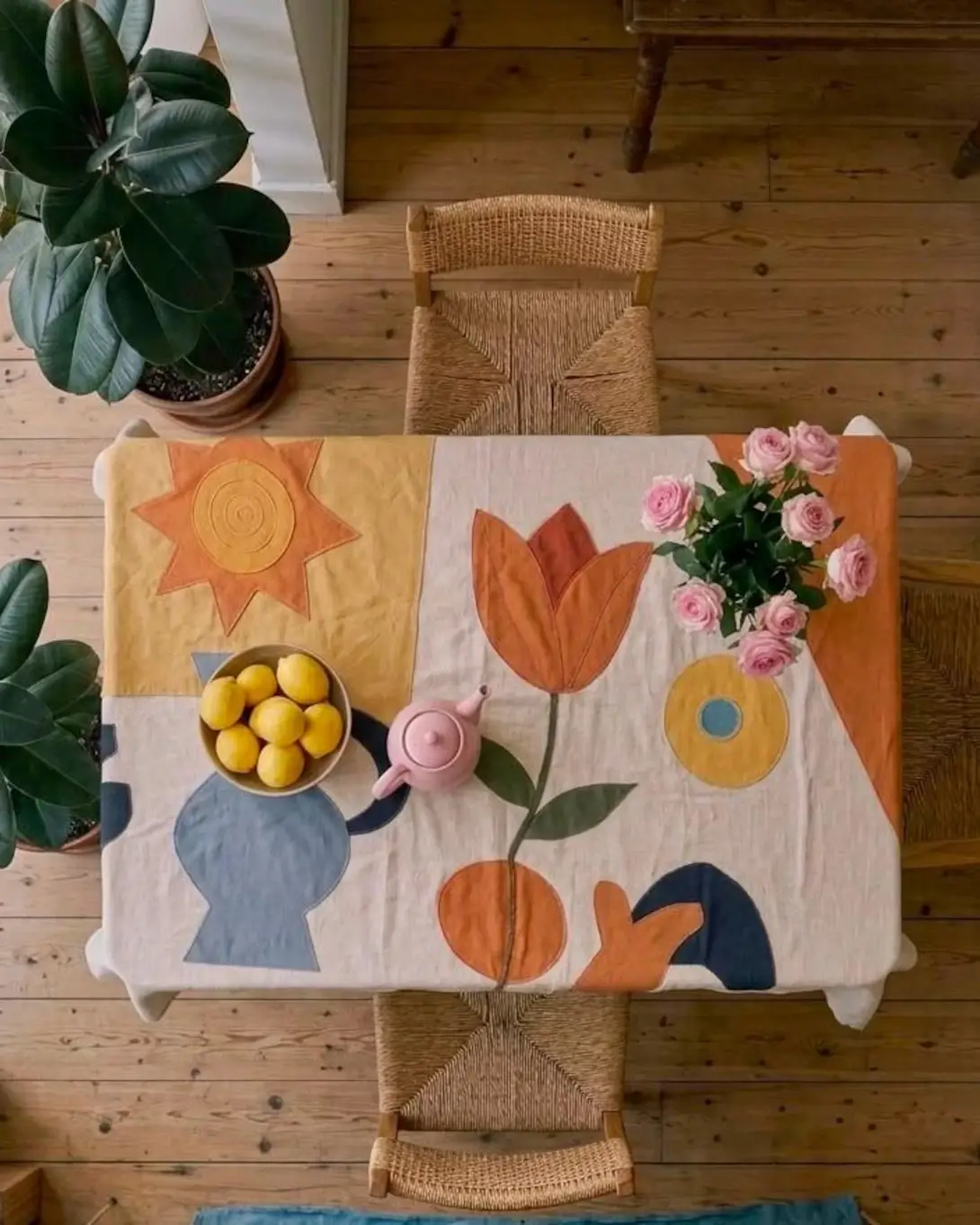 Handmade Applique Tablecloth | Natural Linen Boho Dining Decor, Custom Size HouseOfMakiDesigns