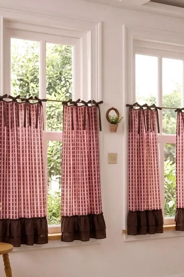 Custom Size Ruffled Linen Curtain, Pink & Brown with hearts Under Sink Skirt, Tie Top Striped Shower Curtain, Handmade Kitchen Cabinet Cafe Curtain, Bathroom Vanity Skirt HouseOfMakiDesigns
