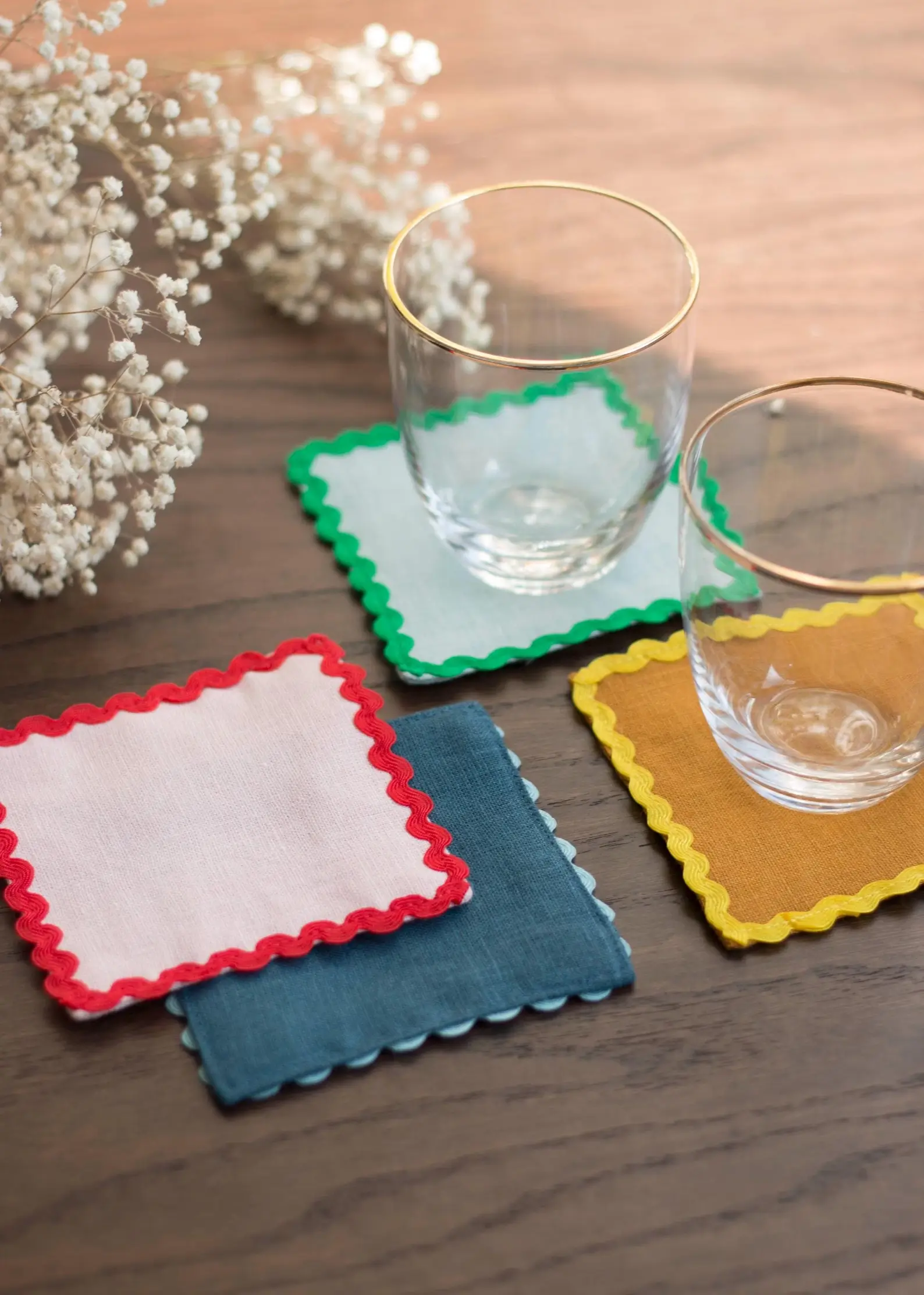 Rainbow ricrac coasters in 100% linen from March6TEEN