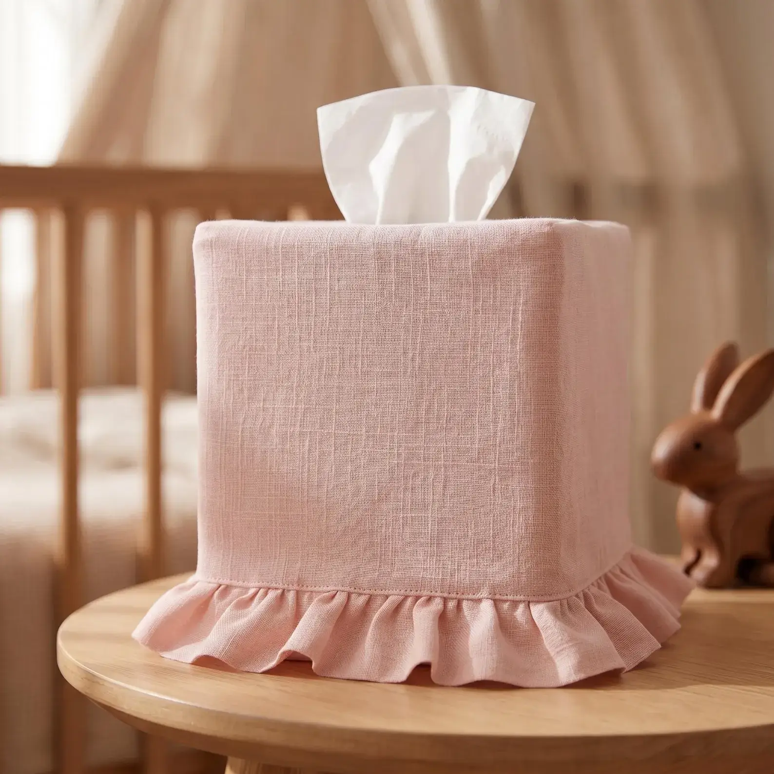 pink linen tissue box cover decor with ruffles