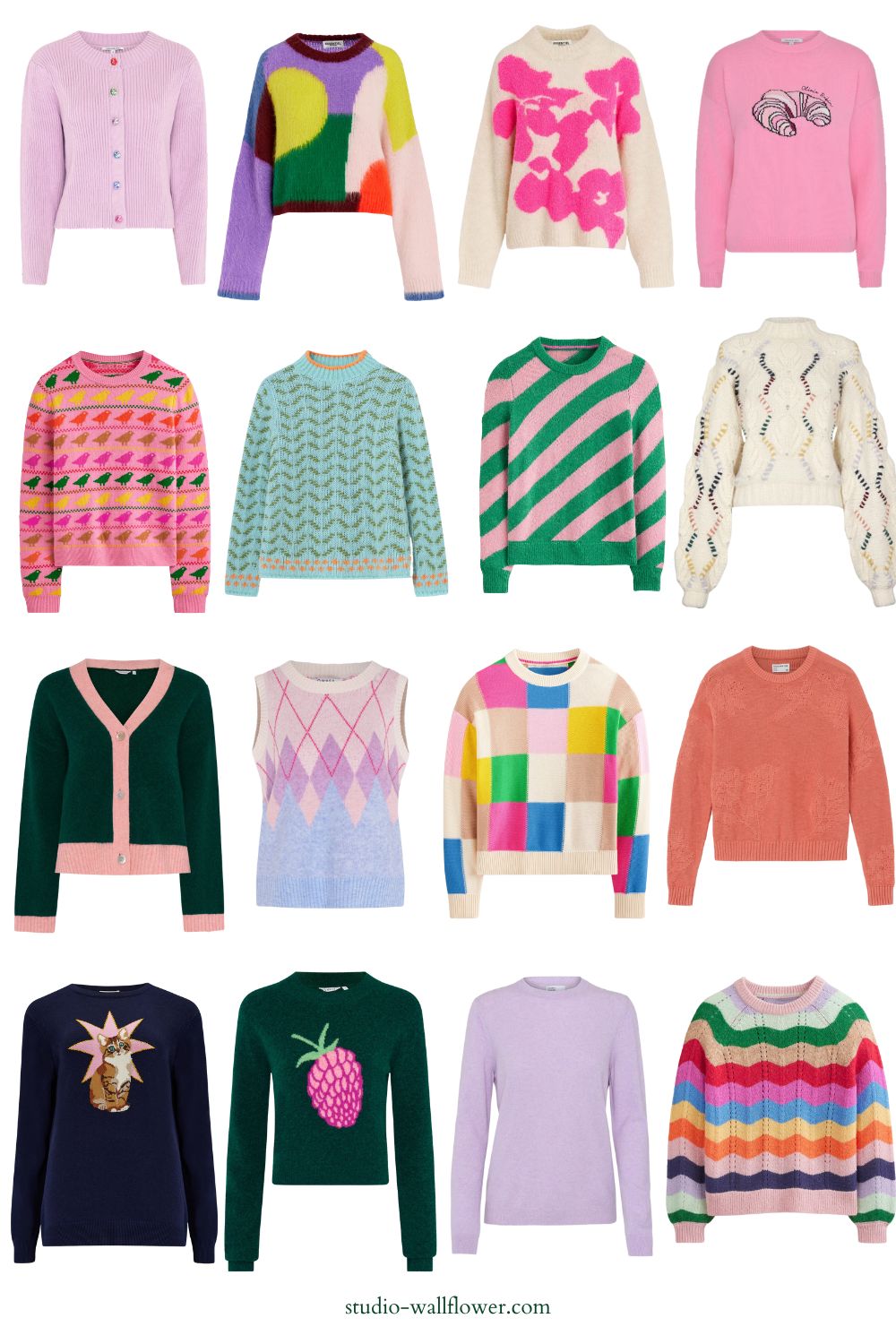 collage of colorful sweaters from wallflower