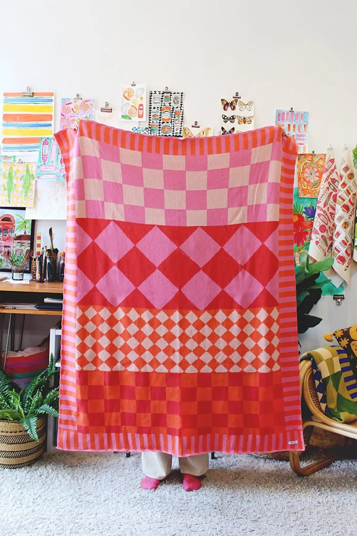 red and pink check diamond throw blanket by calhoun and co