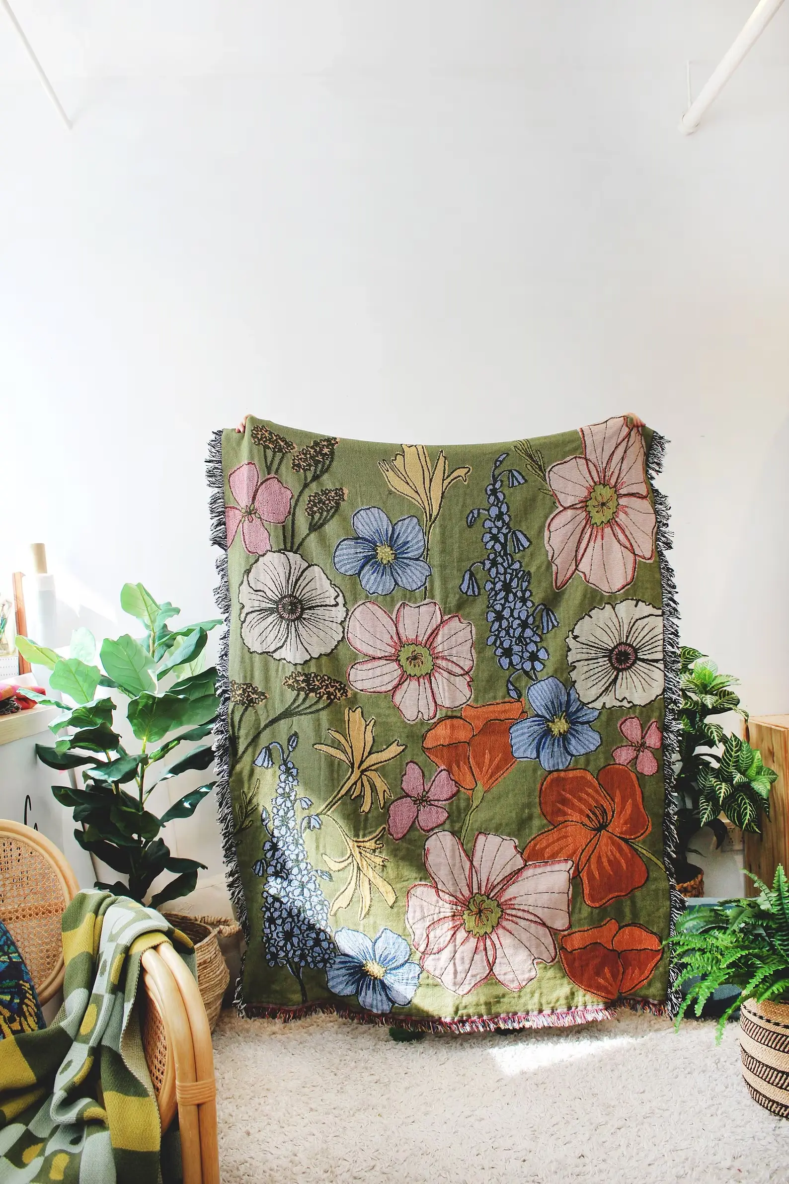 green floral throw blanket with fringe by calhoun and co