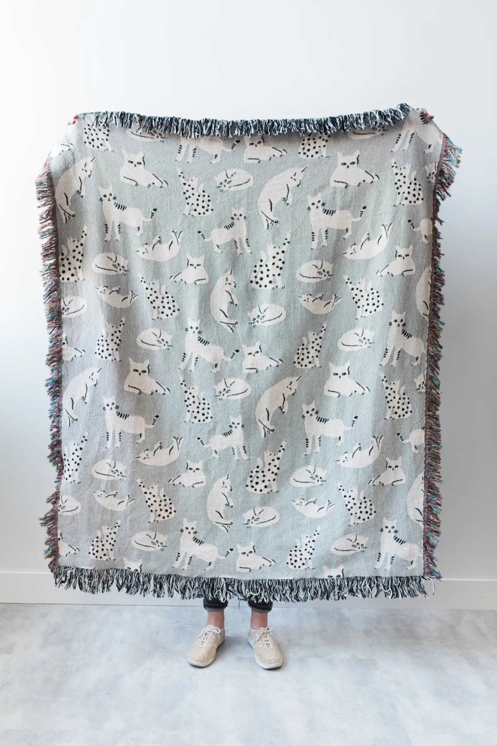 blue and white cat blanket by frankie prints co
