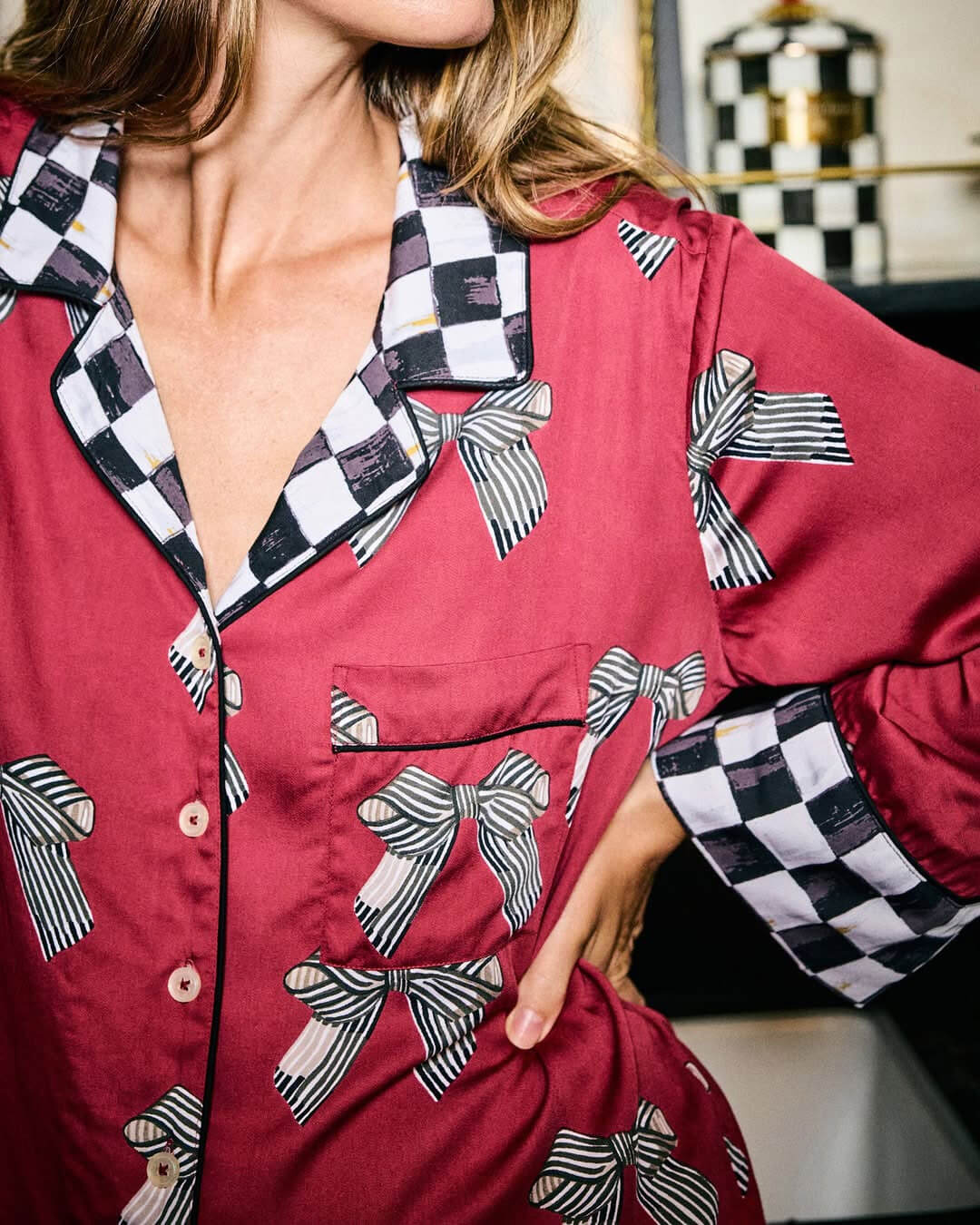 Printfresh luxe red pajamas with bow print and checker