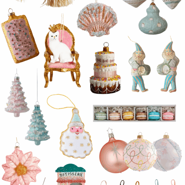 collage featuring pastel christmas ornaments
