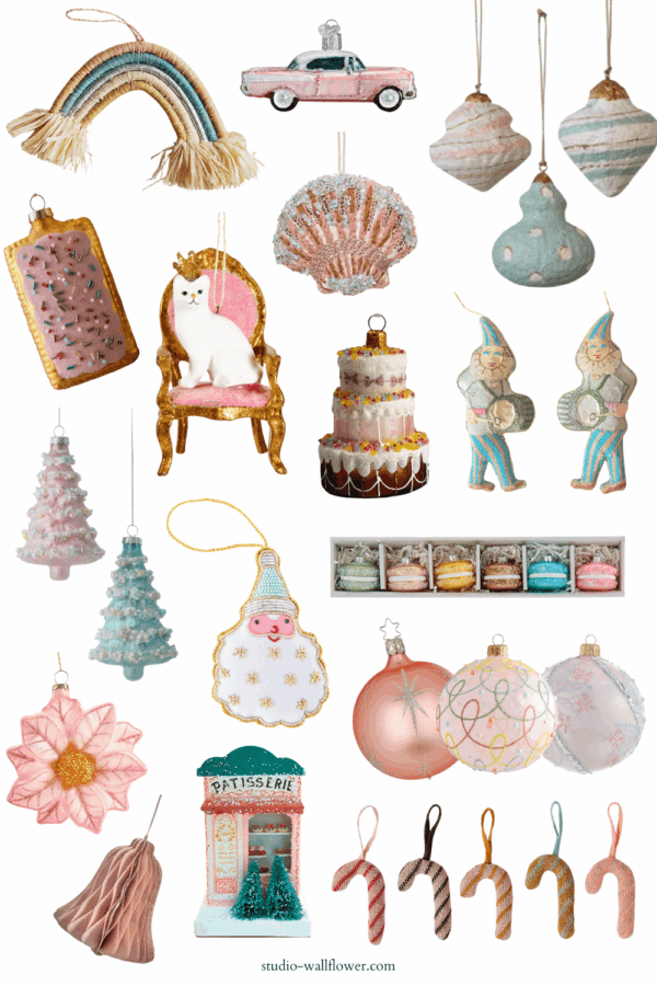 collage featuring pastel christmas ornaments