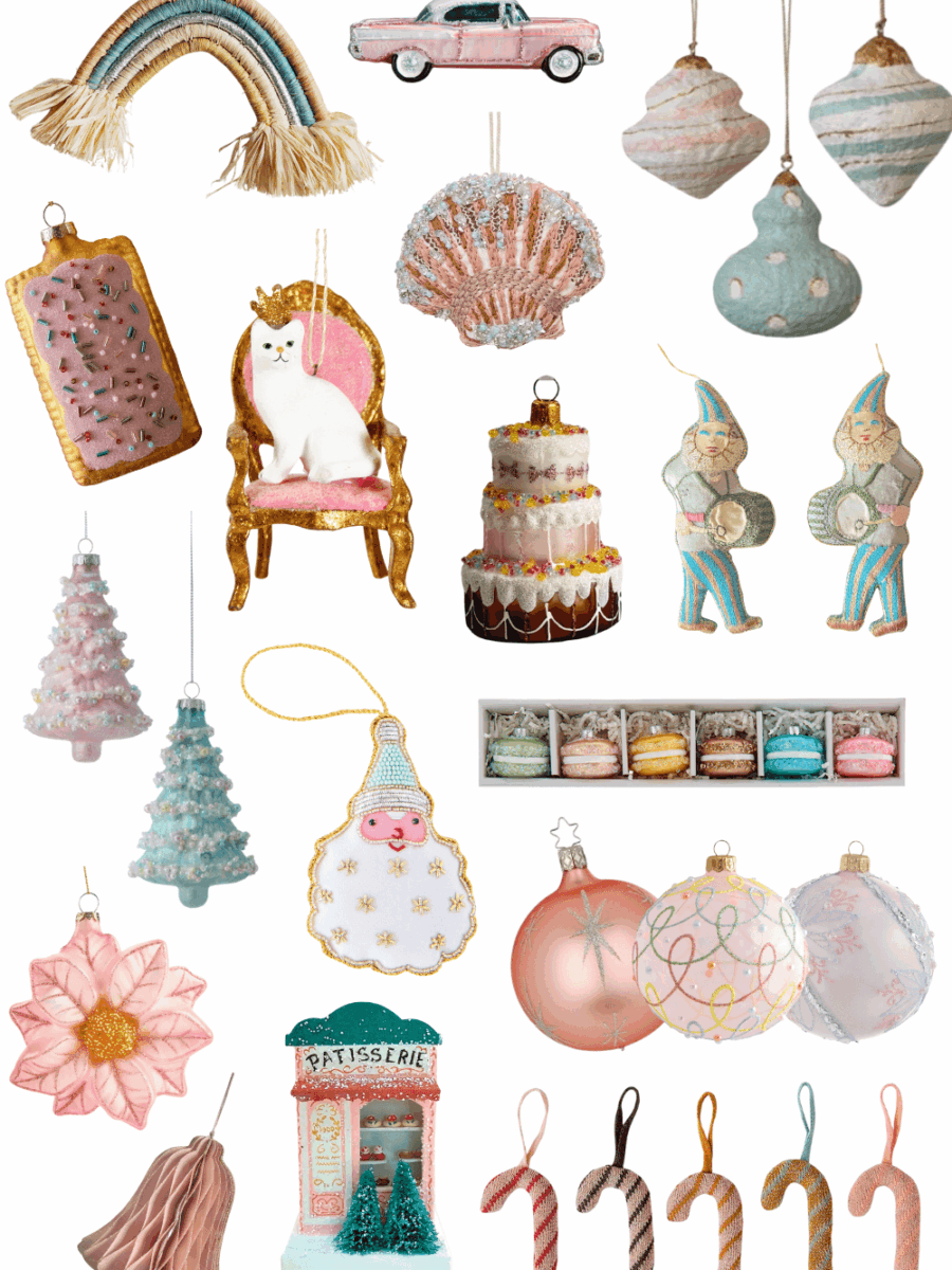 collage featuring pastel christmas ornaments