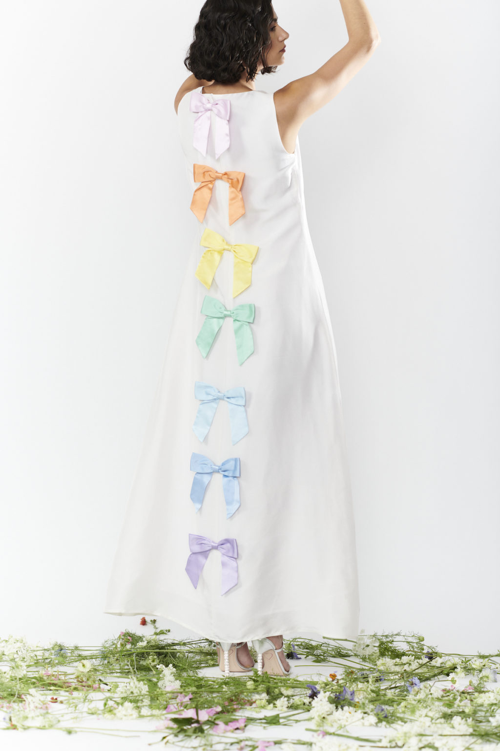 Noa White Pastel Bow Dress with Rainbow