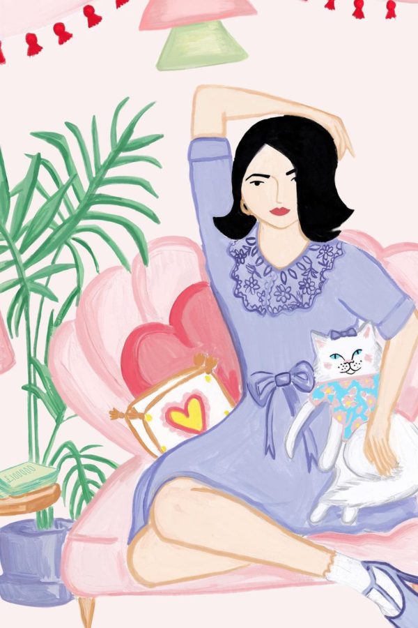 Lady in lavender with her cat art print by Emma Locke