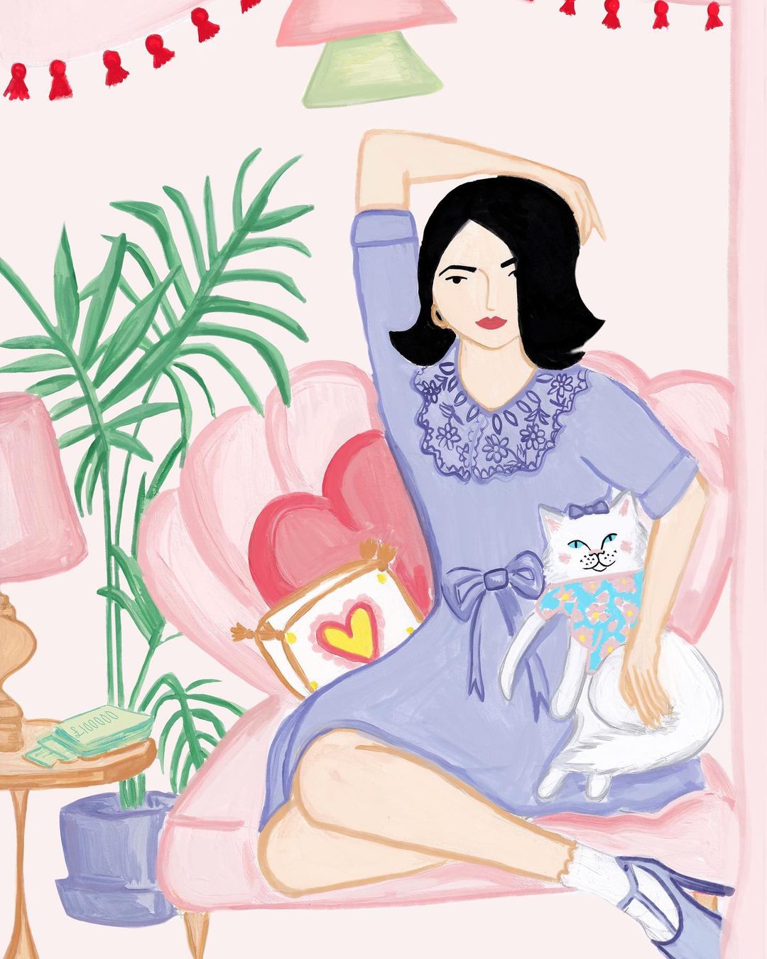 Lady in lavender with her cat illustration by Emma Locke