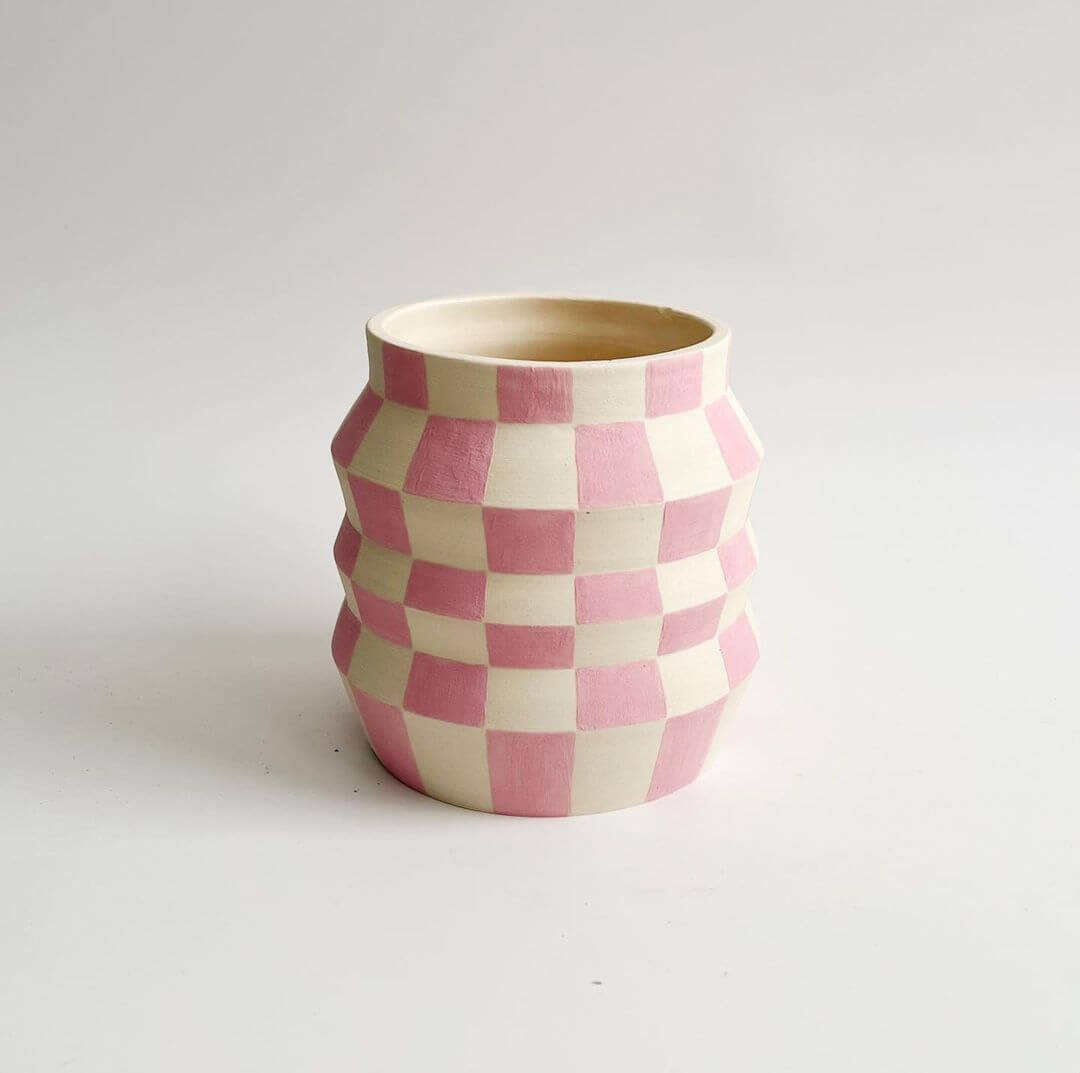 pink checkered vase by vo ceramics