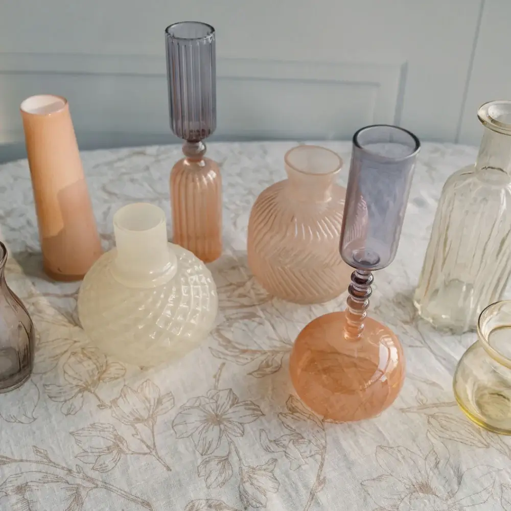 smoke glass bud vases in peach