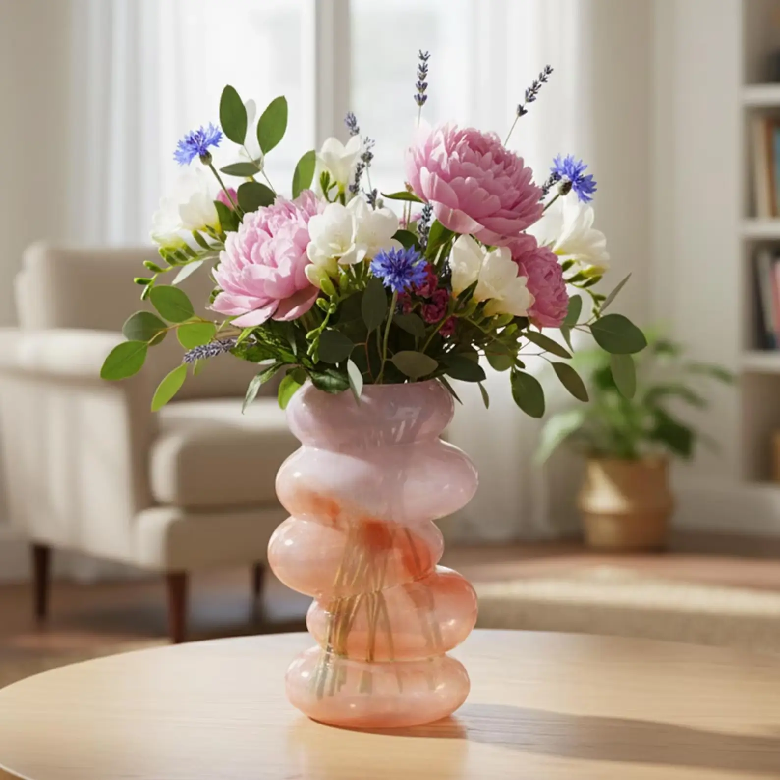 Peach pink swirl glass vase for spring by cloud nola