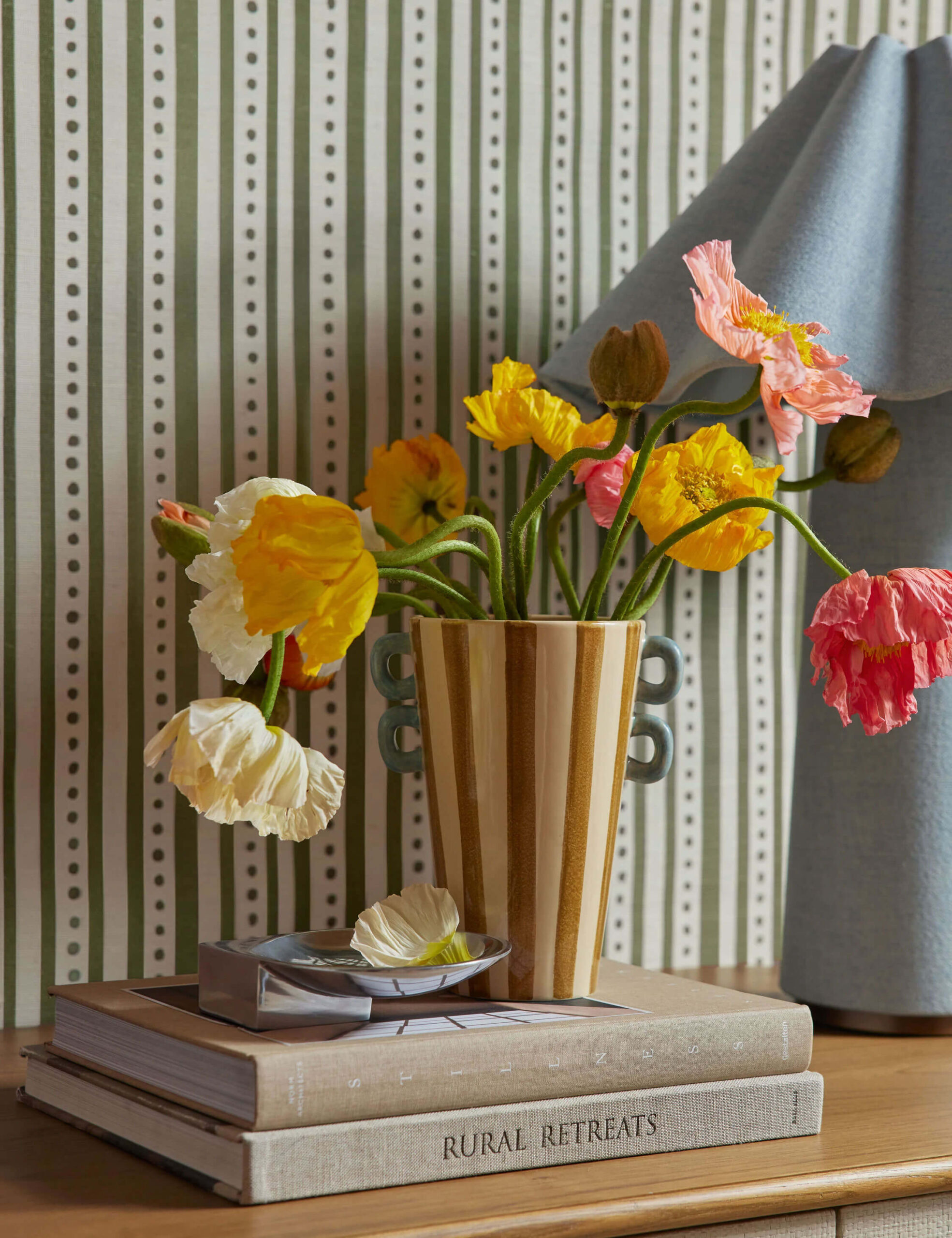 striped ceramic vase from lulu & georgia with flowers, shop spring vase at wallflower