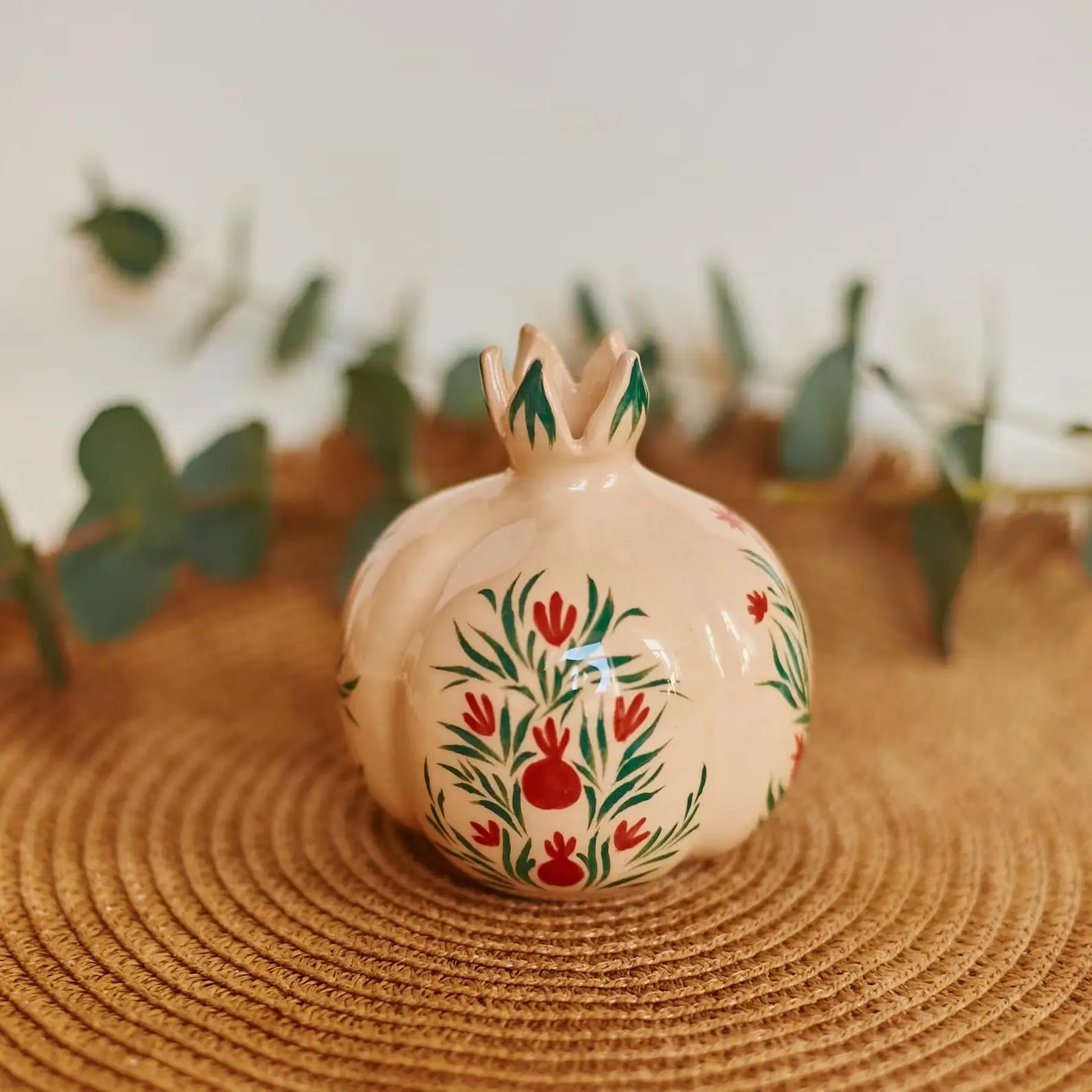 Beige Pomegranate ceramic bud vase with hand painted pomegranate tree by YE ceramics
