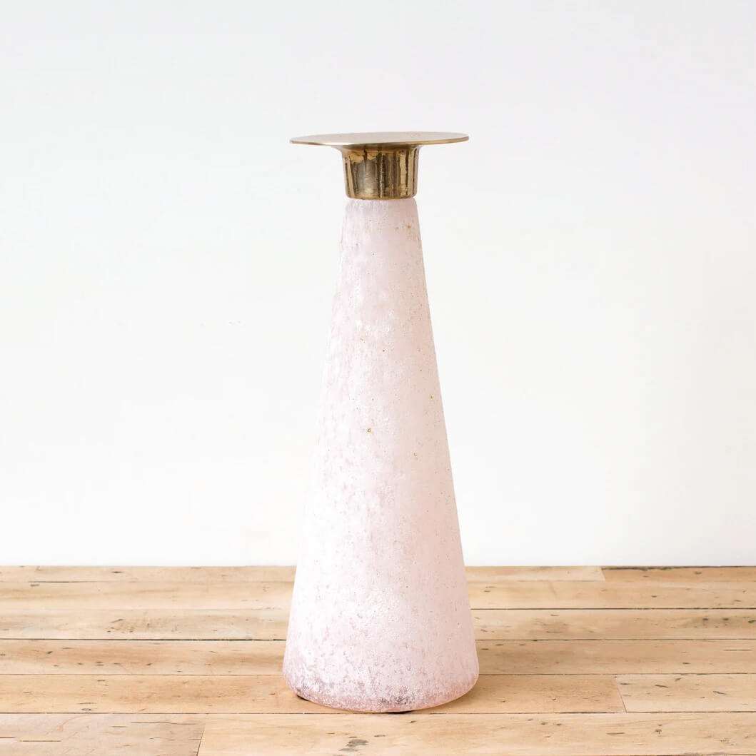 midcentury modern pink and brass frosted candleholder