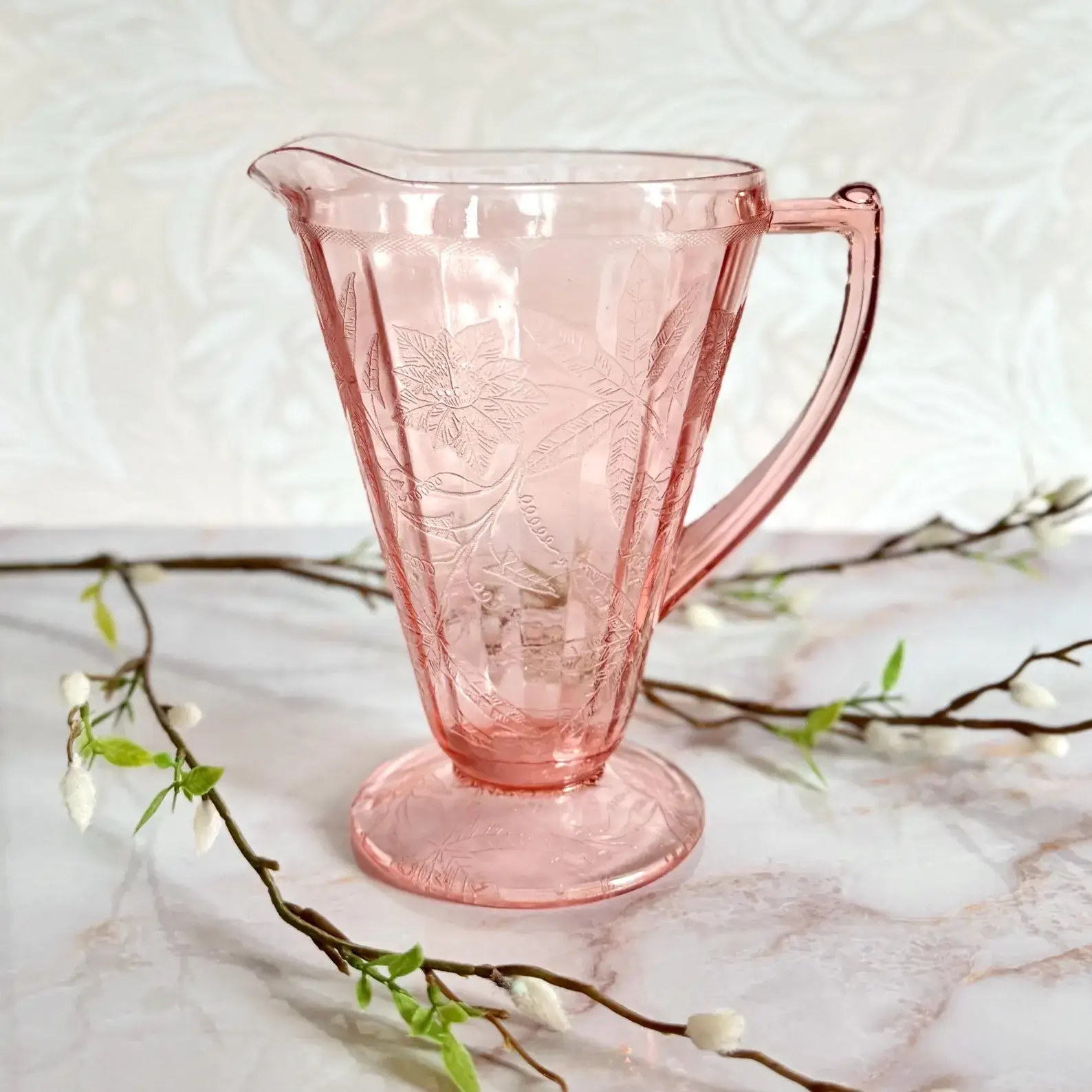 Jeannette Glass Vintage Blush Pink Poinsettia Floral Pattern 32oz Serving Pitcher - Colorful 1930s Flower Print Depression Glass - Selenium!