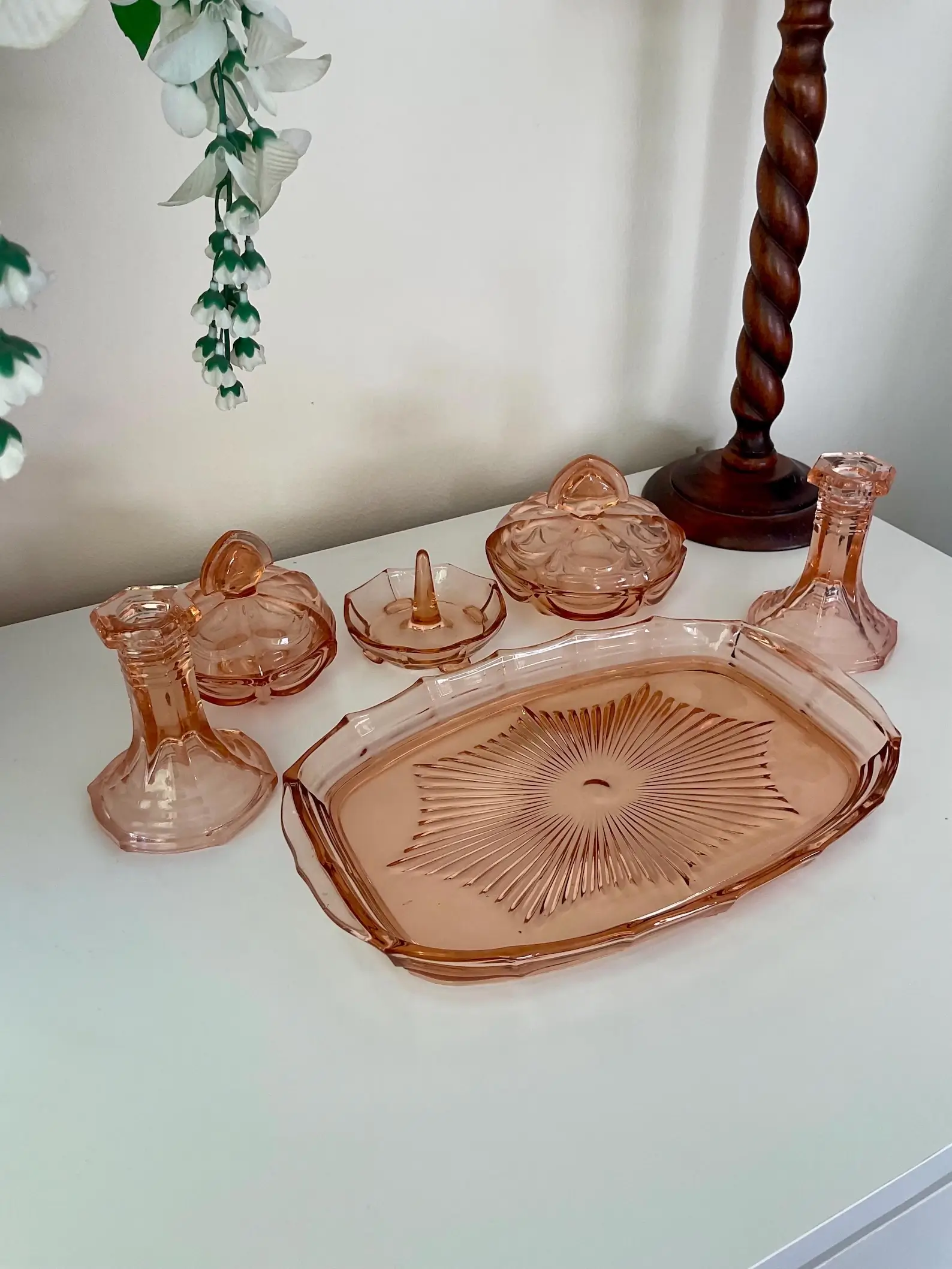 vintage pink depression glass vanity set jewelry tray and perfume bottles