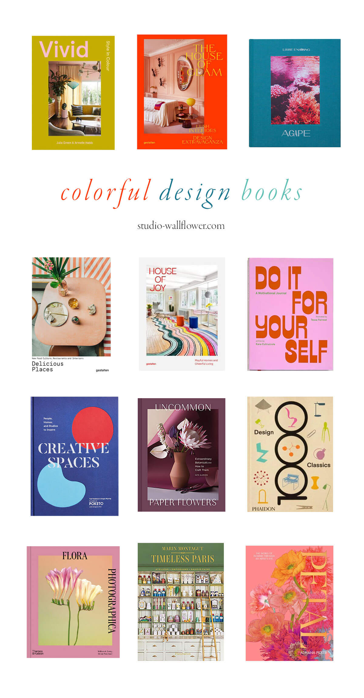 collage featuring 12 colorful design books for your coffee table