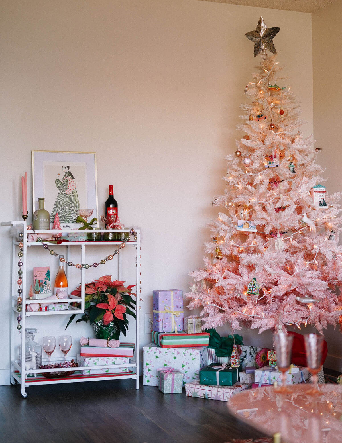 my ombre pink christmas tree with a pink and red holiday bar cart