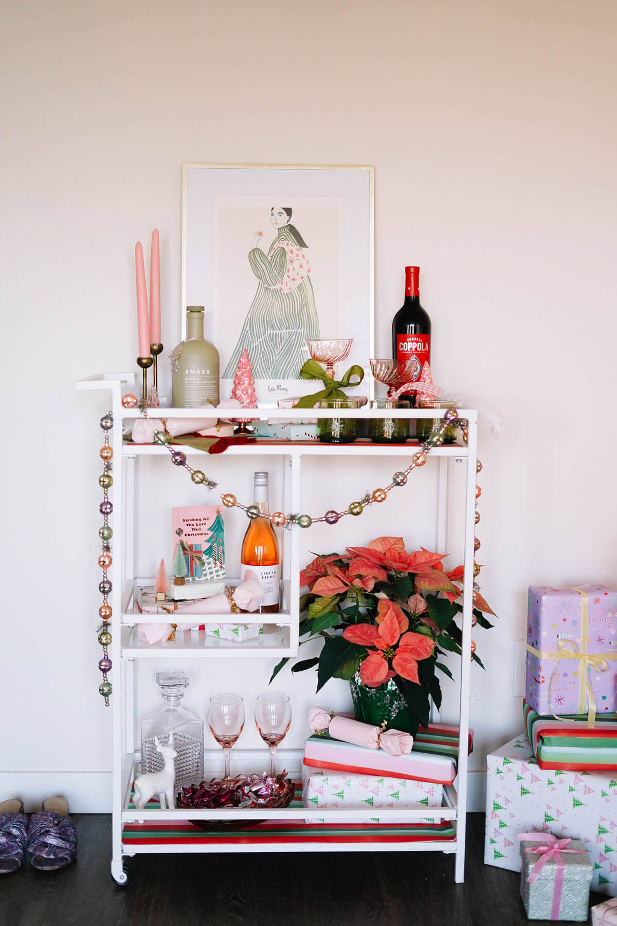 holiday bar cart ideas with pink + red theme