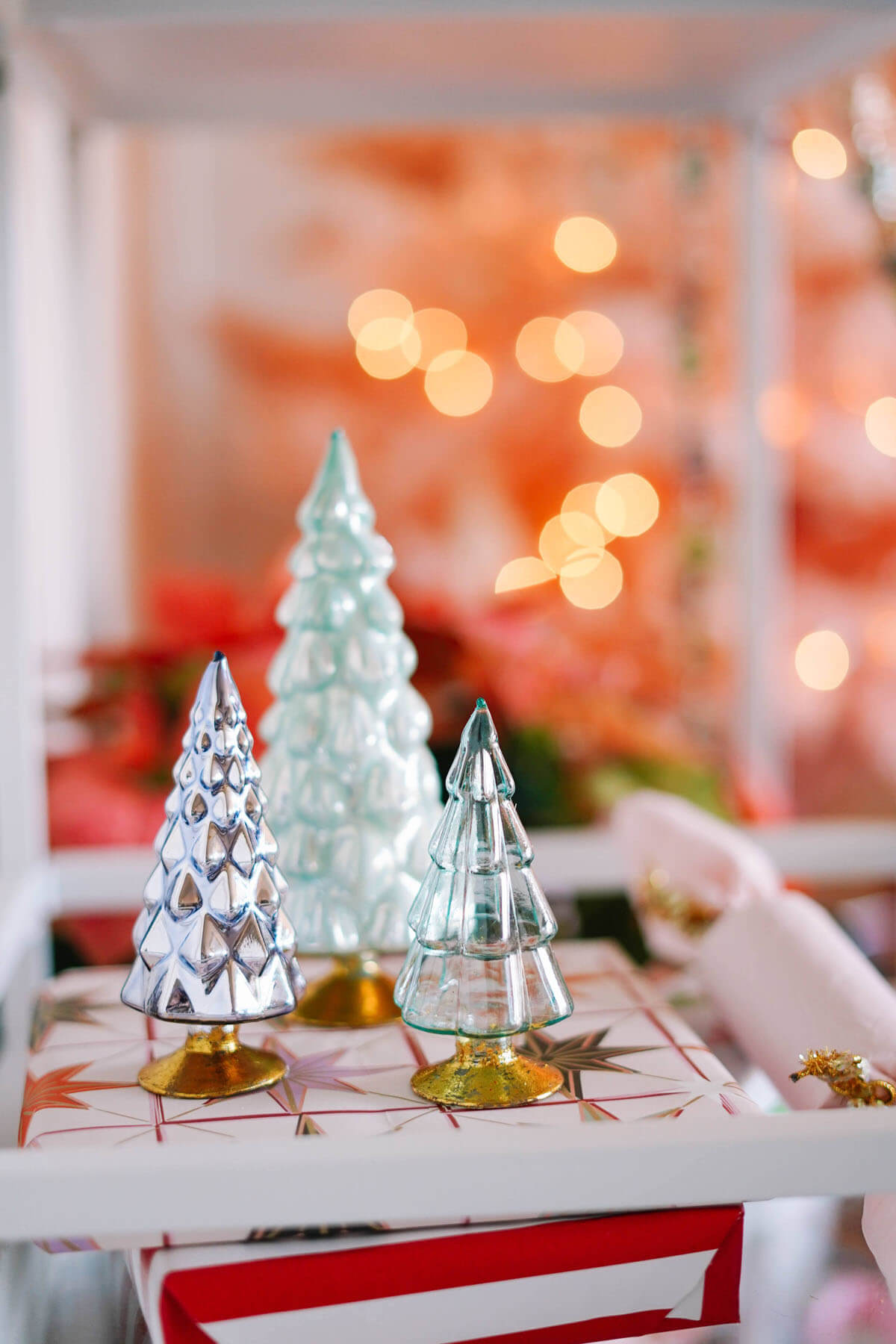 glass christmas trees - holiday bar cart styling