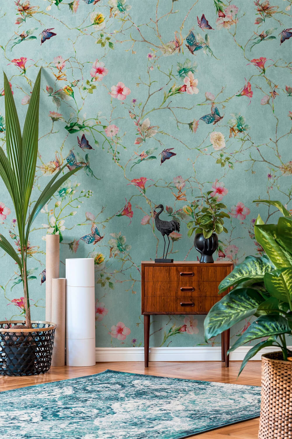 teal wallpaper with flowers & butterflies