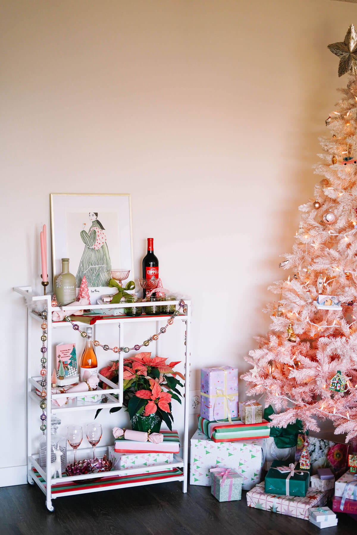 holiday bar cart styling with pink + red