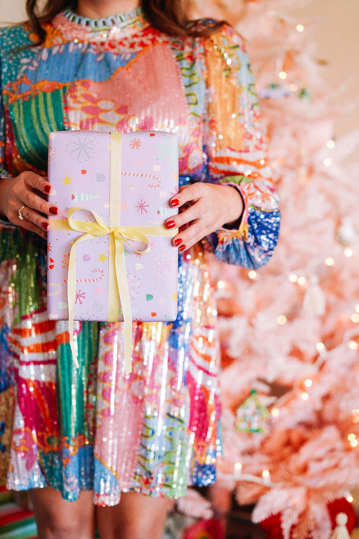 pretty gift wrap for holiday party and sequin celia b dress