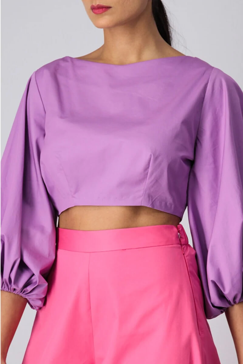 Somebody To Love Puff Sleeve Satin Lace Crop Top in Hot Pink