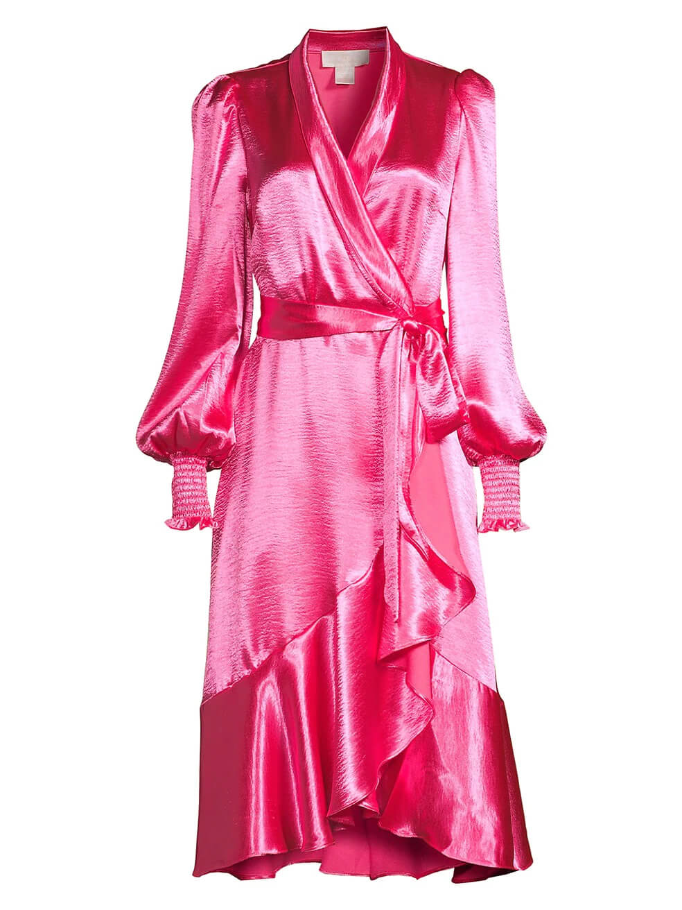 hot pink satin wrap midi dress