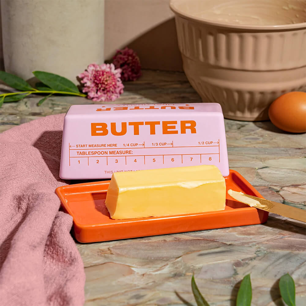 pink and orange butter dish