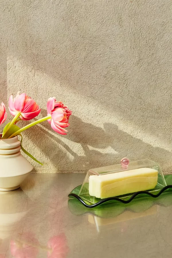 areaware glass butter dish in green & pink
