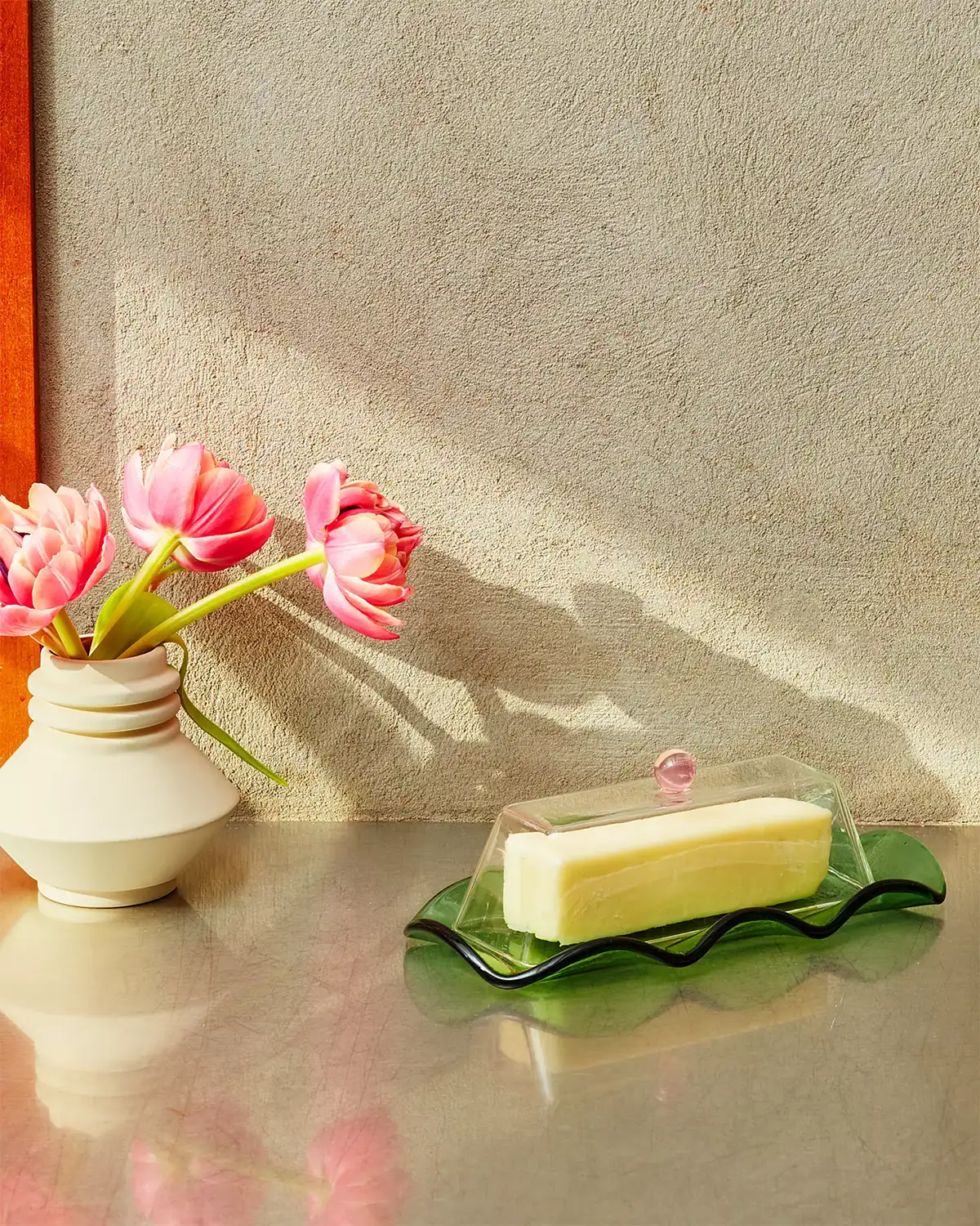 areaware glass butter dish in green & pink