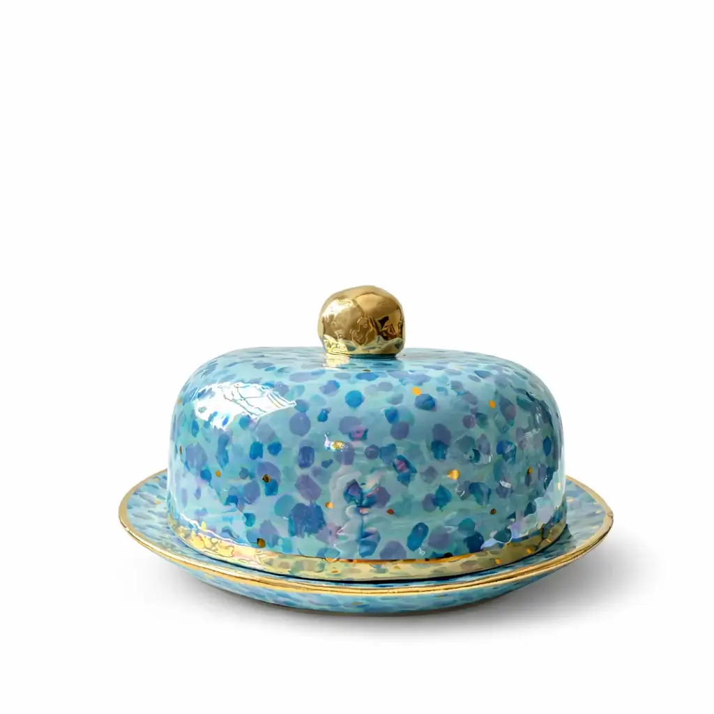 blue and green painted ceramic butter dish by mary rose young