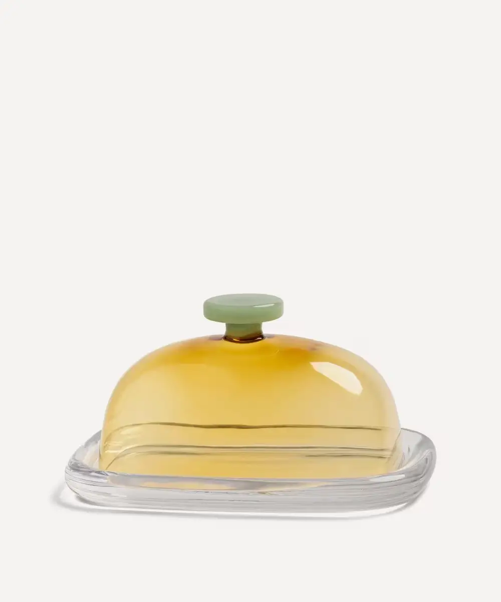 yellow glass butter dish