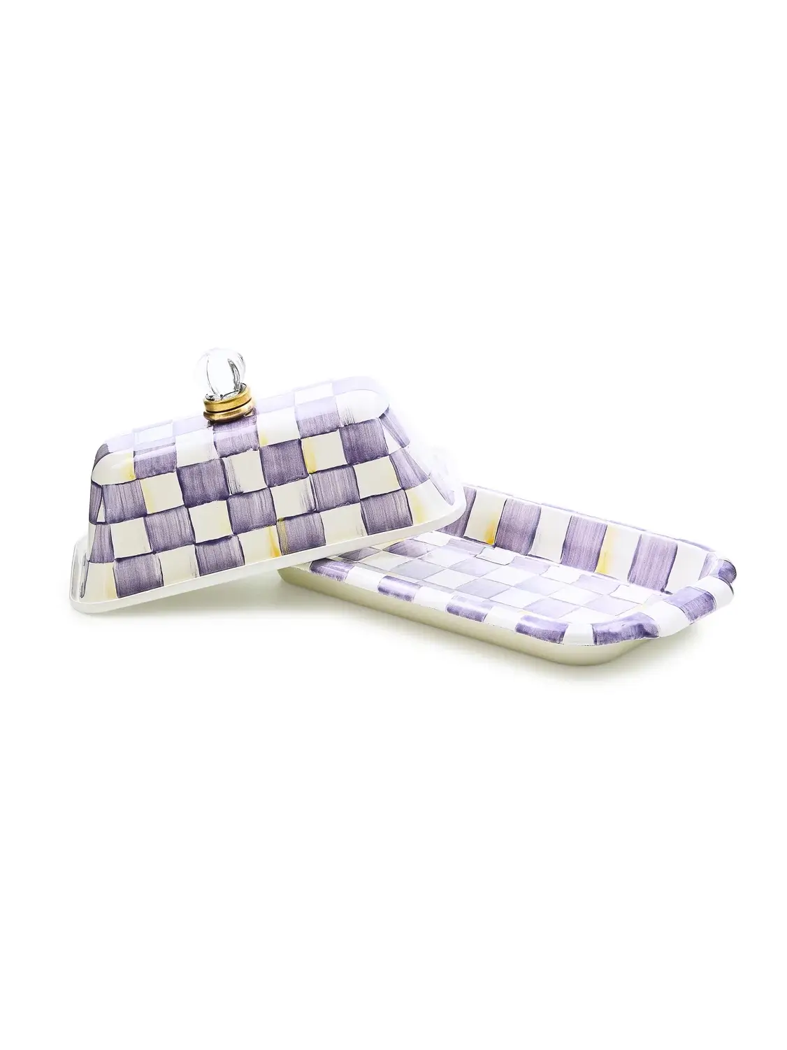 mackenzie-childs butter dish in violet check