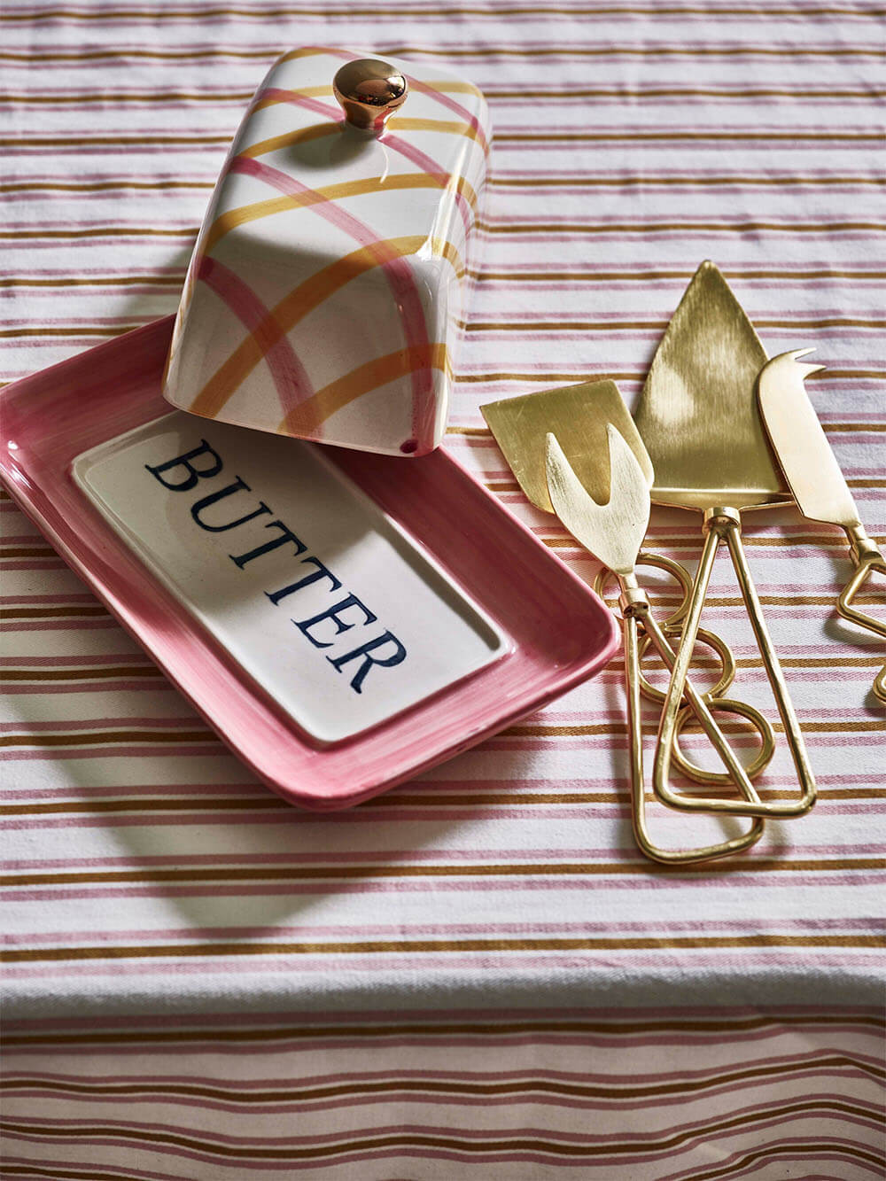 Mae Check Pink & Yellow Ceramic Butter Dish by Oliver Bonas