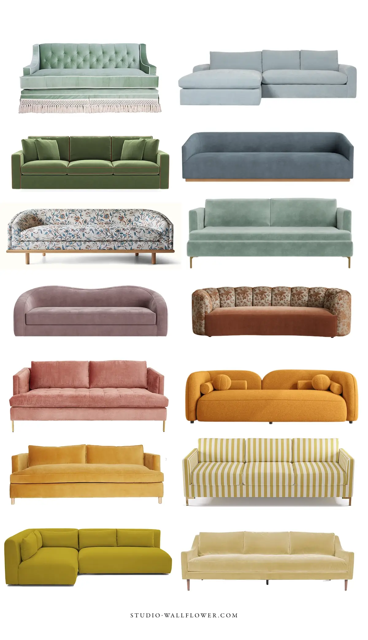 best sofa colors 2026 - a collage of a rainbow of couch colors!