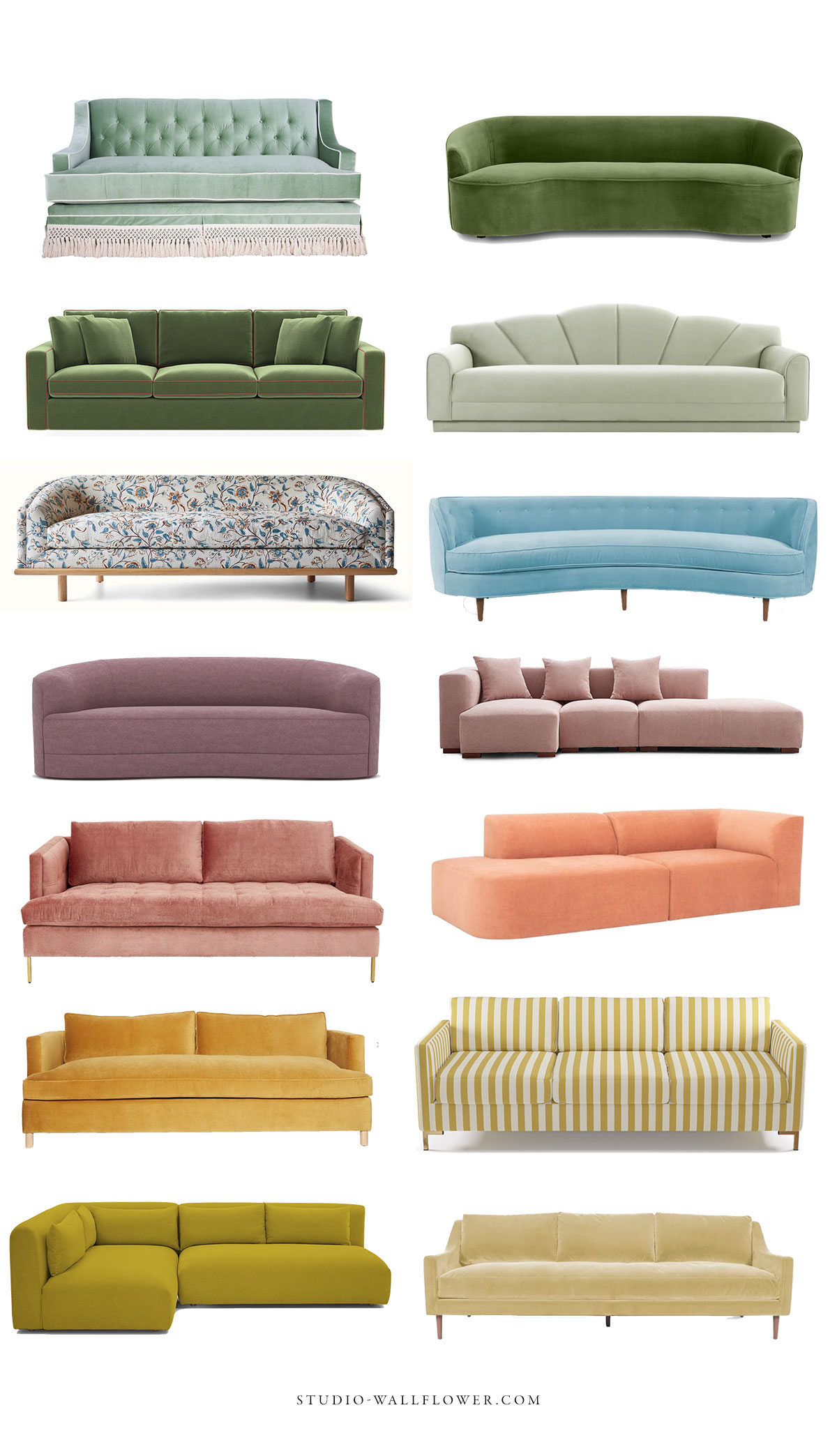 best sofa colors 2023 - a collage of a rainbow of couch colors!