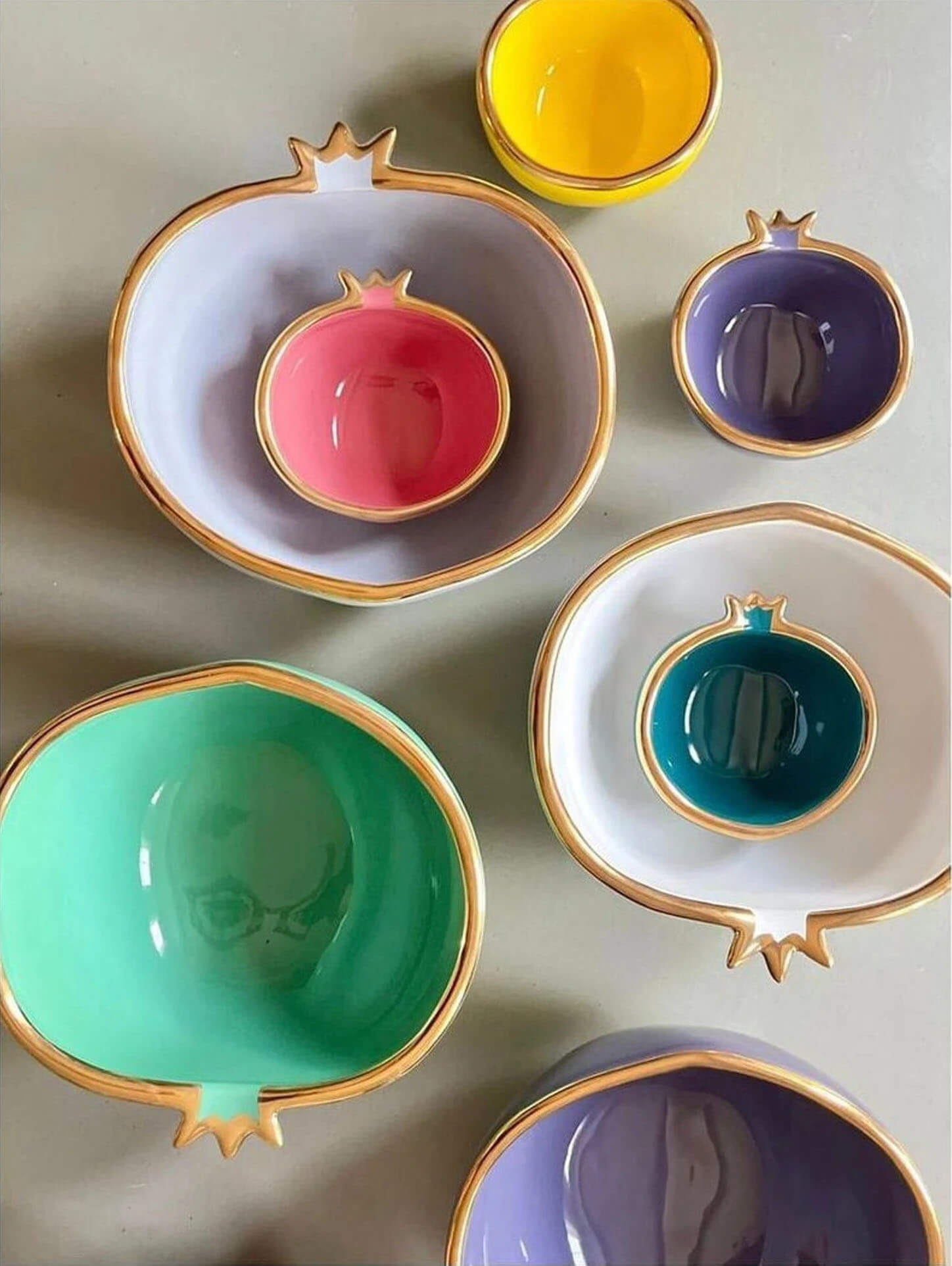 colorful gold trim pomegranate bowls