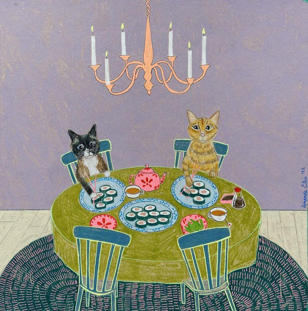artwork of cats at dinner by amanda cullin